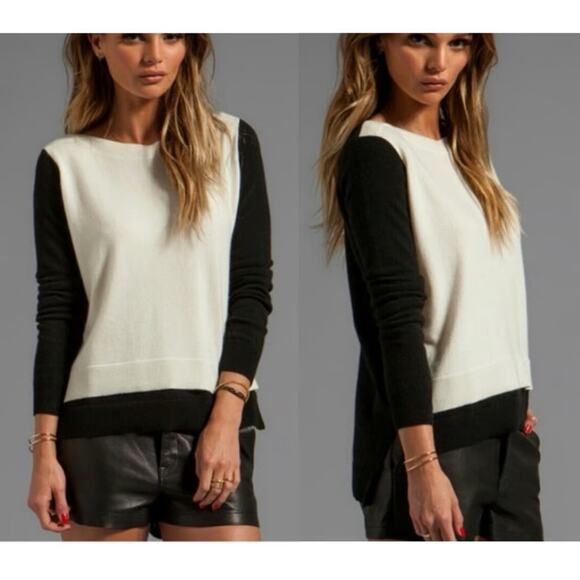 Autumn Cashmere Ivory & Black Color block 100% Pure Cashmere Pullover Sweater - Picture 1 of 13